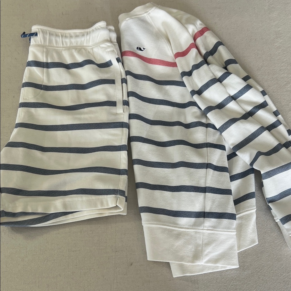 Vineyard Vines Kids Cream White Navy Striped Sweatshirt & Shorts Set